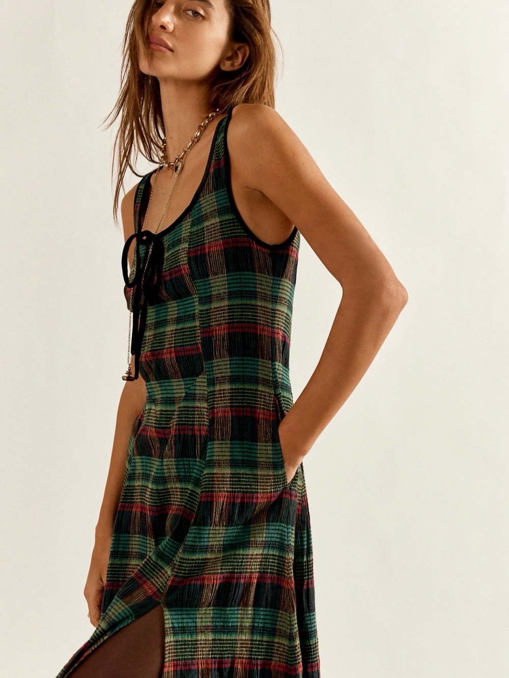 Free People Freya Plaid Midi Dress Size Small in Kelly Green Combo